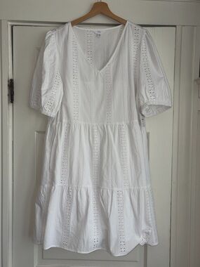 NWT White Cotton  Eyelet Tiered V-Neck Baby Doll Dress lined XL 16-18